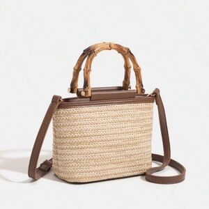 Woven Straw Crossbody Bag with Bamboo Handles - Brown & Cream
